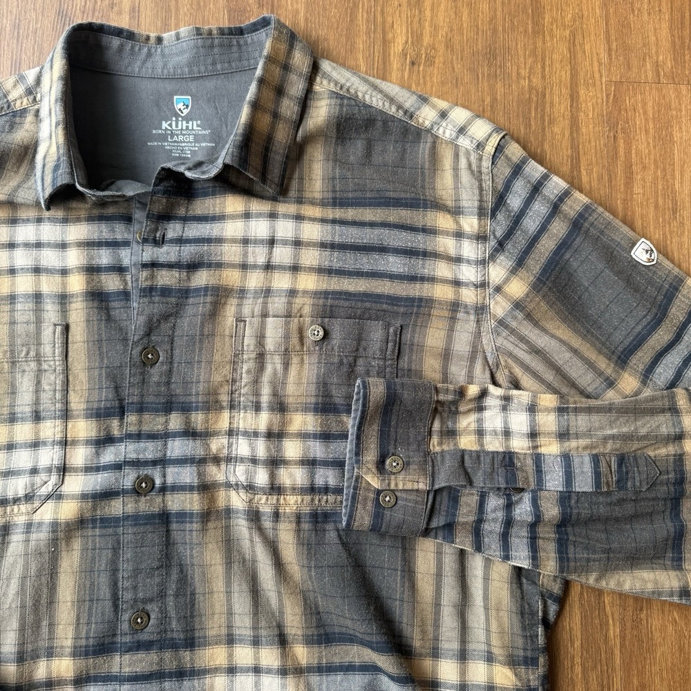 Kuhl Fugitive Flannel Shirt Mens Large Plaid  Gray Tan Button Up Hiking Outdoor